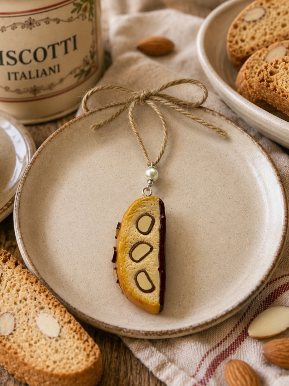 Almond Biscotti Cookie Ornament | Handmade Italian Chocolate Dipped Dessert
